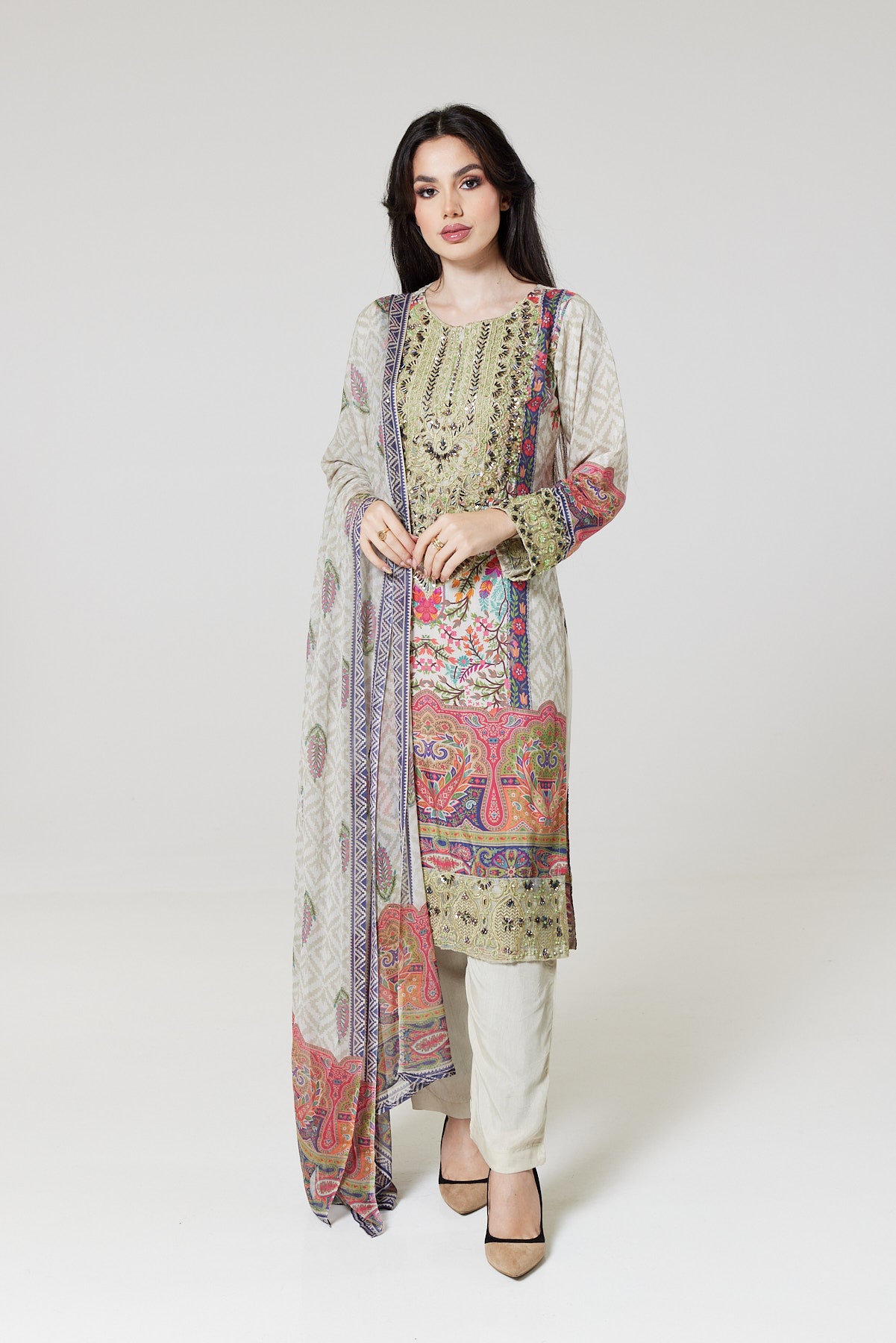 Green Printed With Hand Embroidered Neck Viscose Silk suit BKHM01