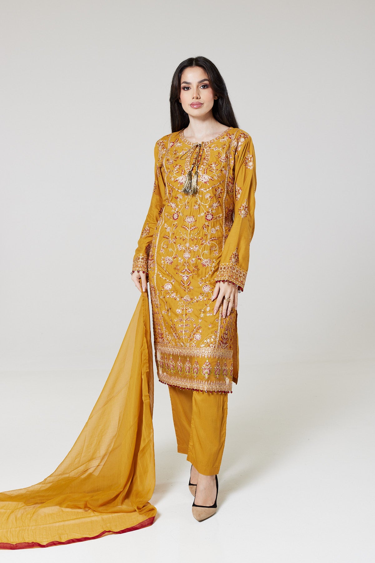 Mustard Embroidered Linen suit BK08