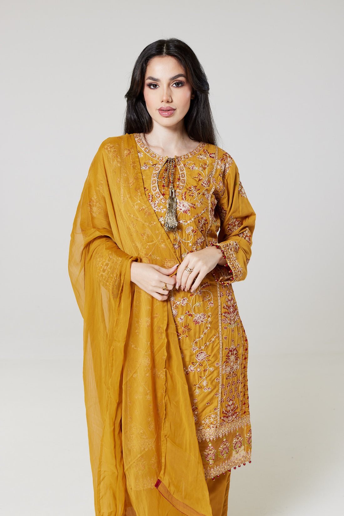 Mustard Embroidered Linen suit BK08