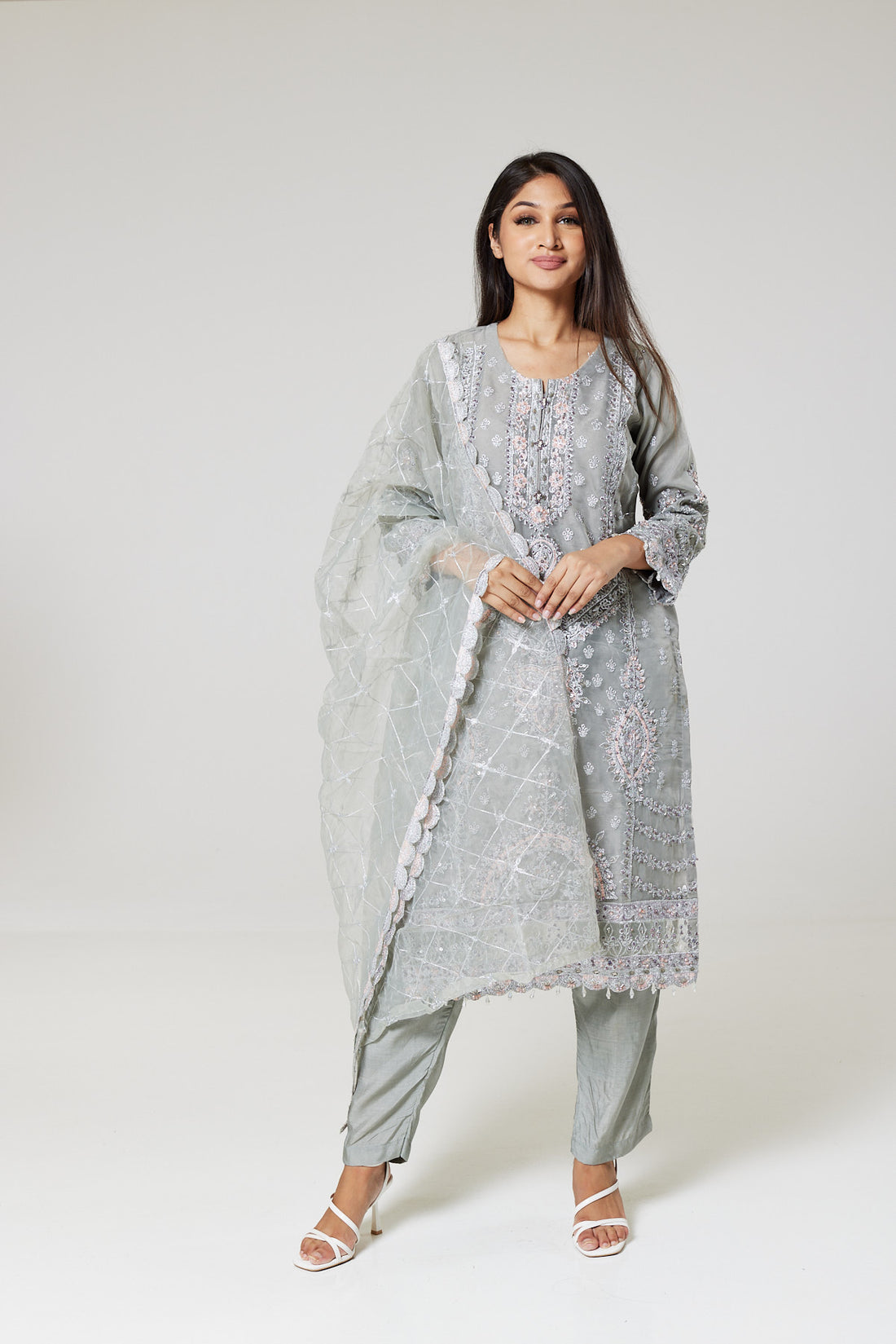 Grey Embroidered Organza Suit G0718