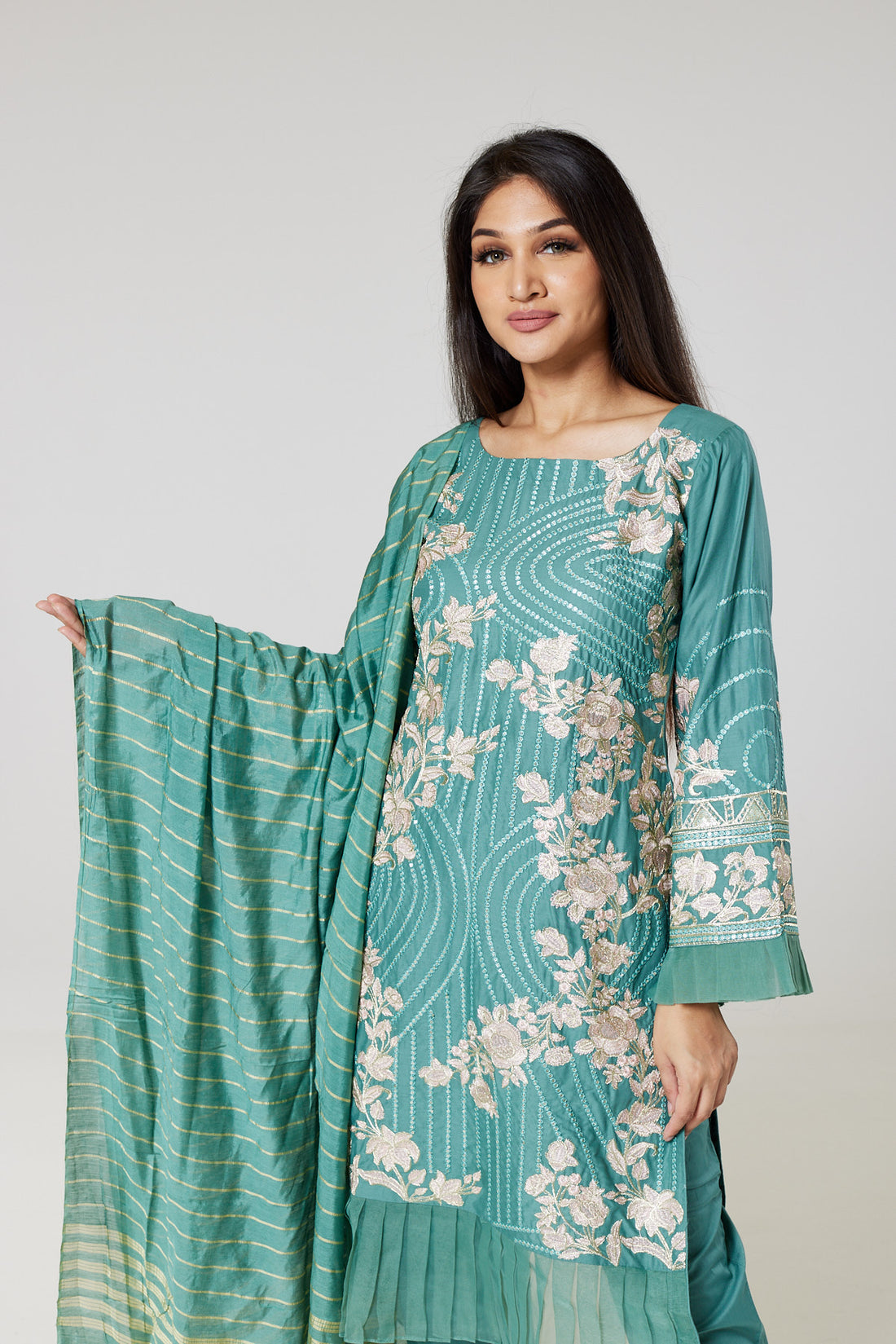 Green Embroidered Cotton Suit G1037