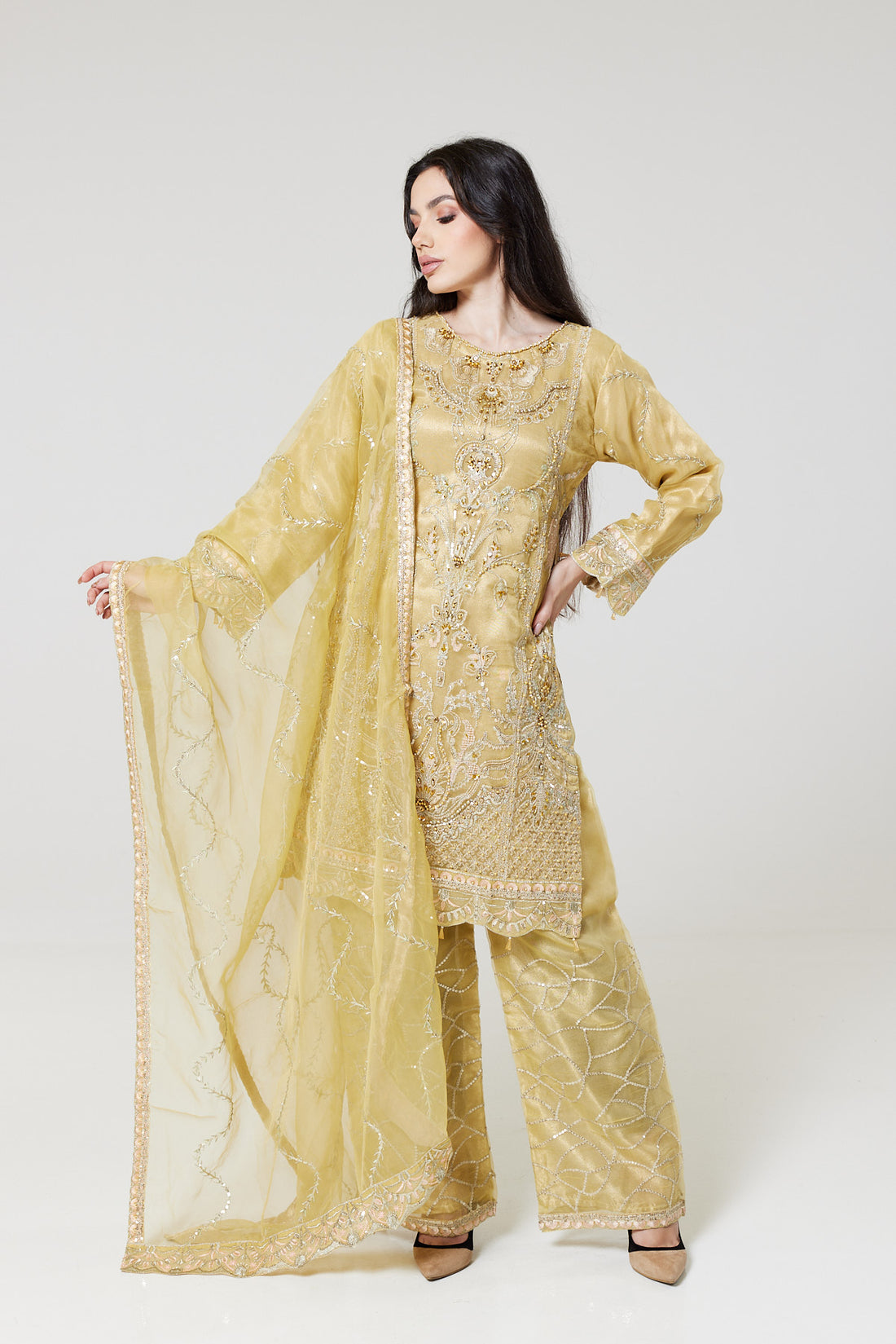 Yellow Embroidered Organza Suit Y1220