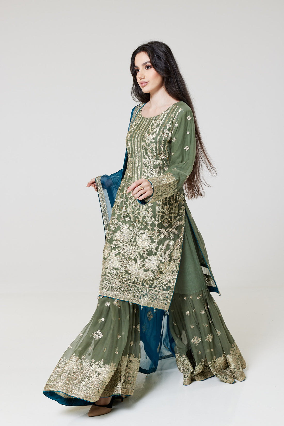 Olive Green Embroidered Chiffon Suit O1349