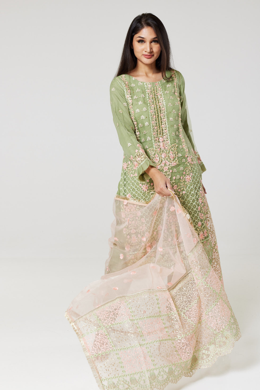 Mint Green Embroidered Organza Suit P1494