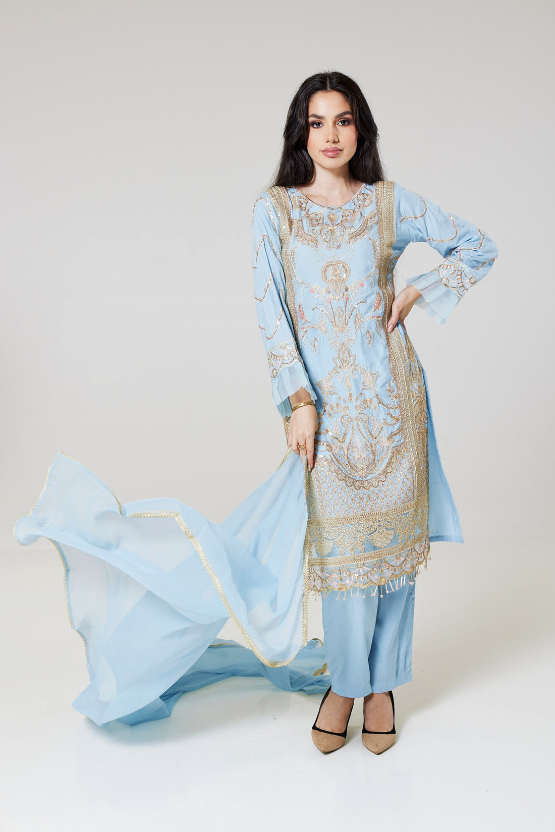 Sky Blue Embroidered Linen Suit SB668