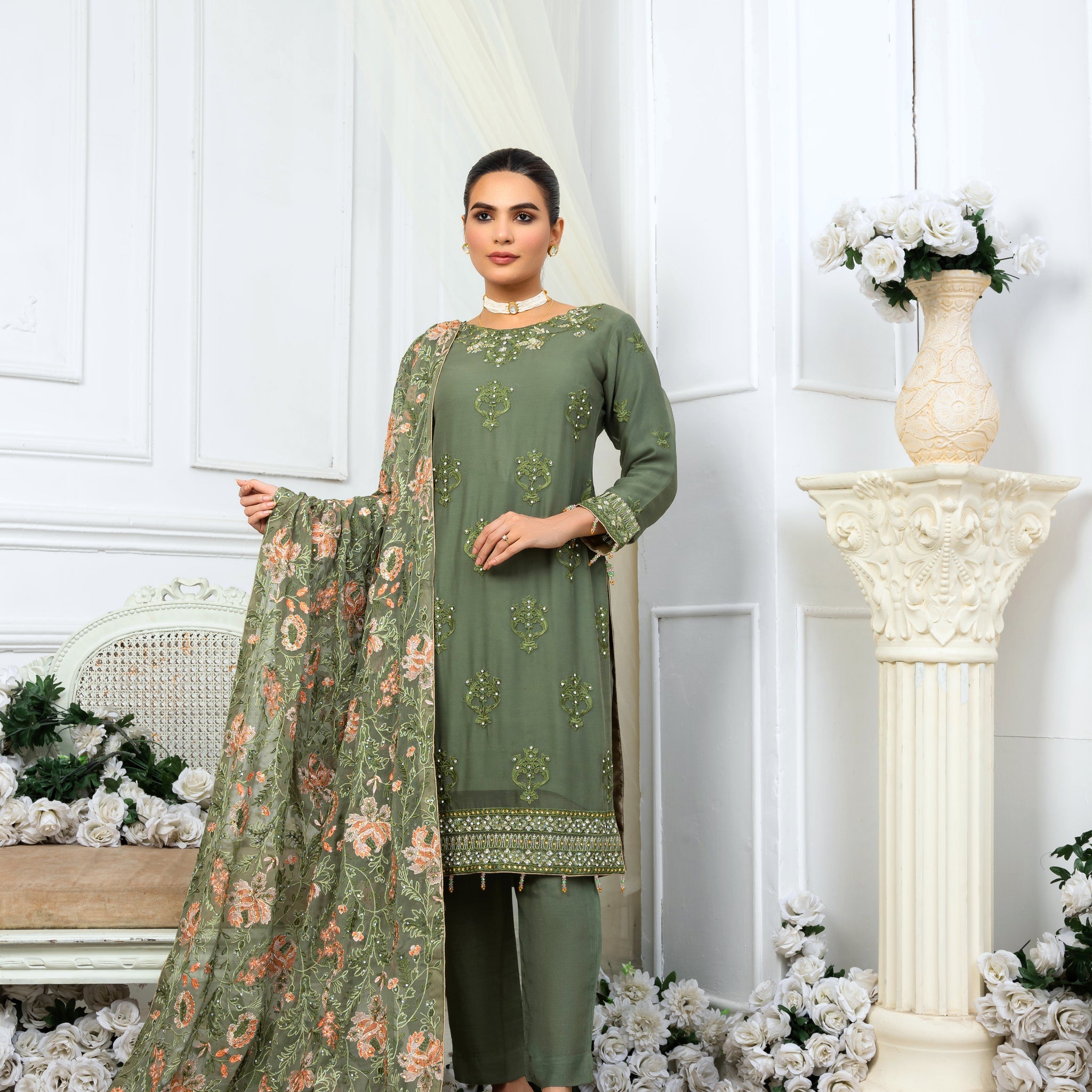 Green Pure Crinkle Chiffon 3pc Dress Set 2801