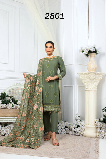 Green Pure Crinkle Chiffon 3pc Dress Set 2801