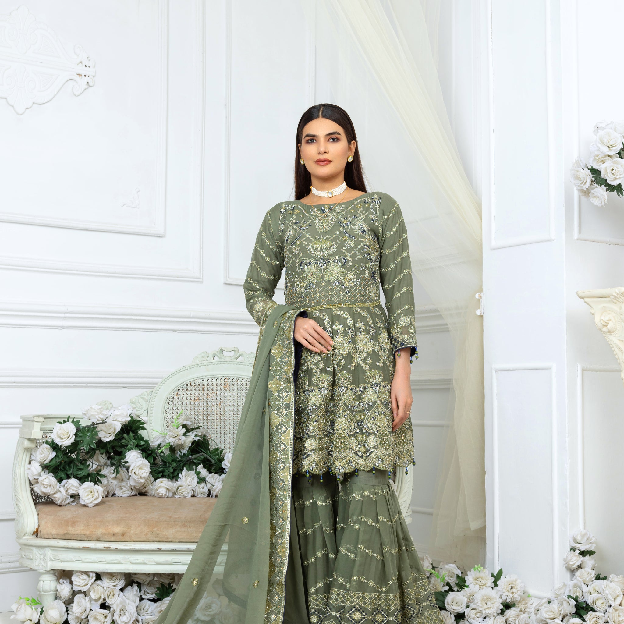 Green Pure Crinkle Chiffon Gharara Set 2817