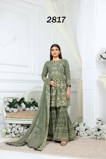 Green Pure Crinkle Chiffon Gharara Set 2817