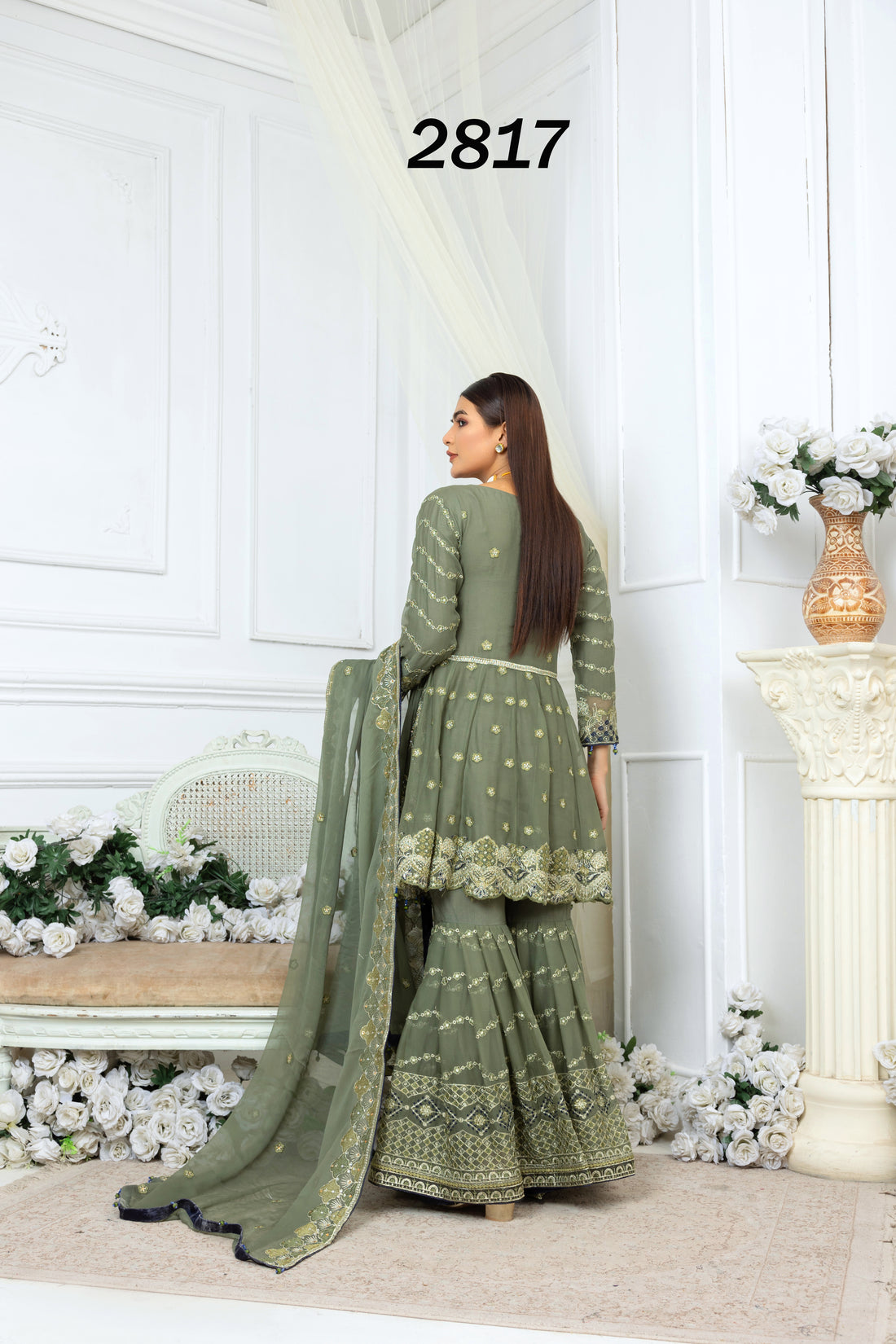 Green Pure Crinkle Chiffon Gharara Set 2817