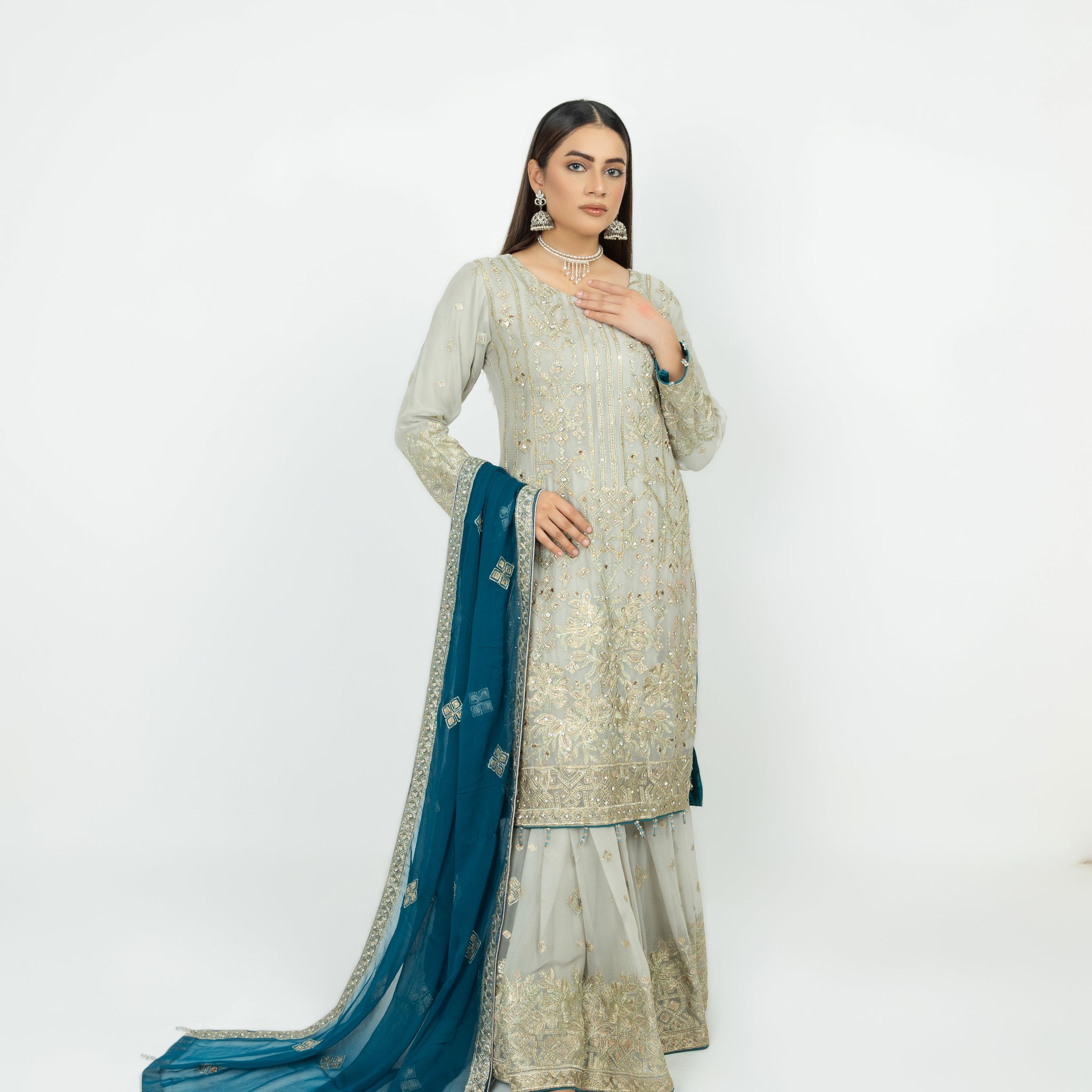 Grey Pure Crinkle Chiffon Gharara Set 2853