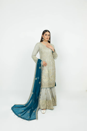 Grey Pure Crinkle Chiffon Gharara Set 2853