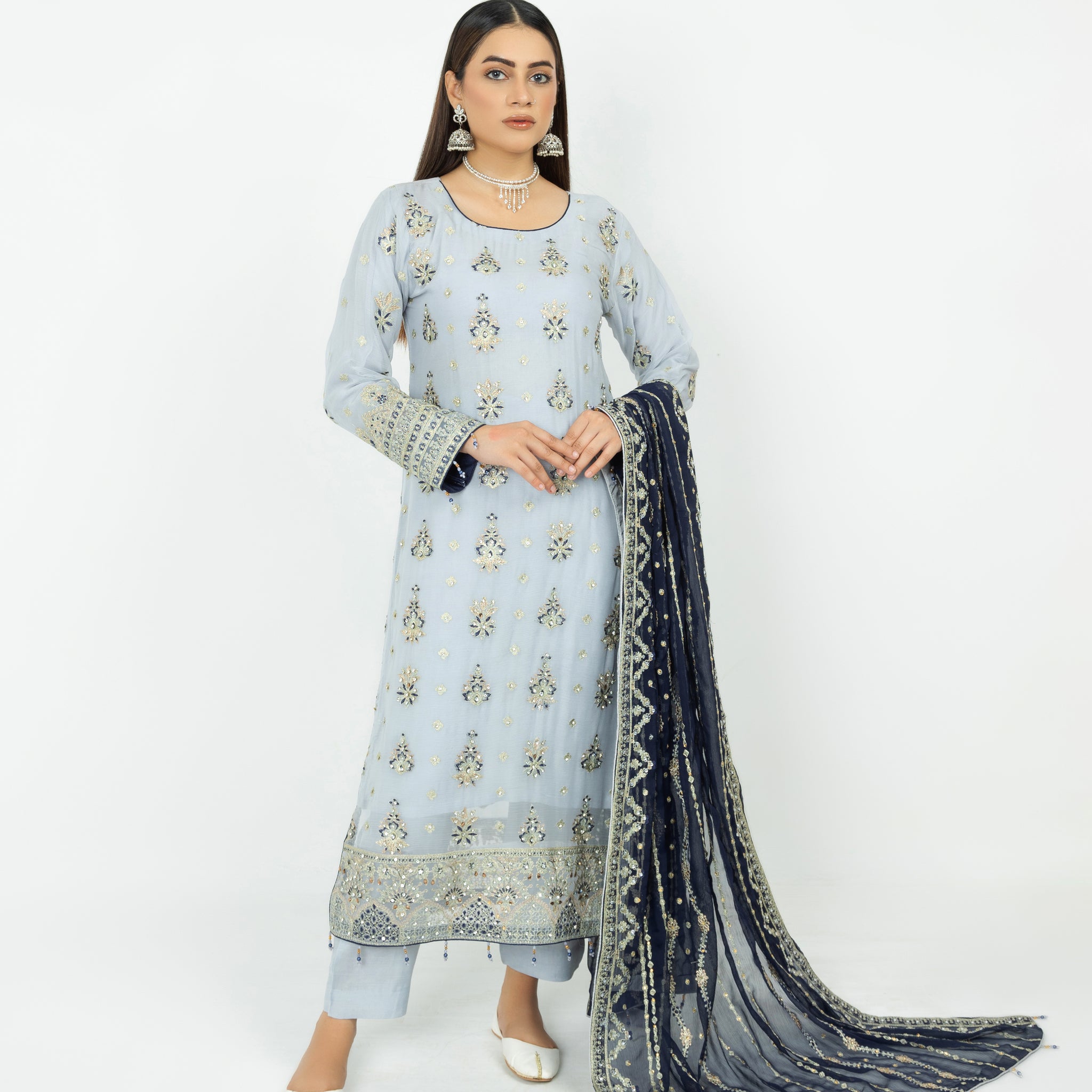 Grey Blue Pure Crinkle Shiffon Dress G2865