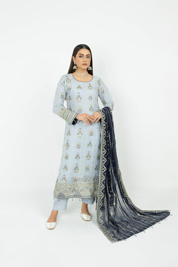 Grey Blue Pure Crinkle Shiffon Dress G2865