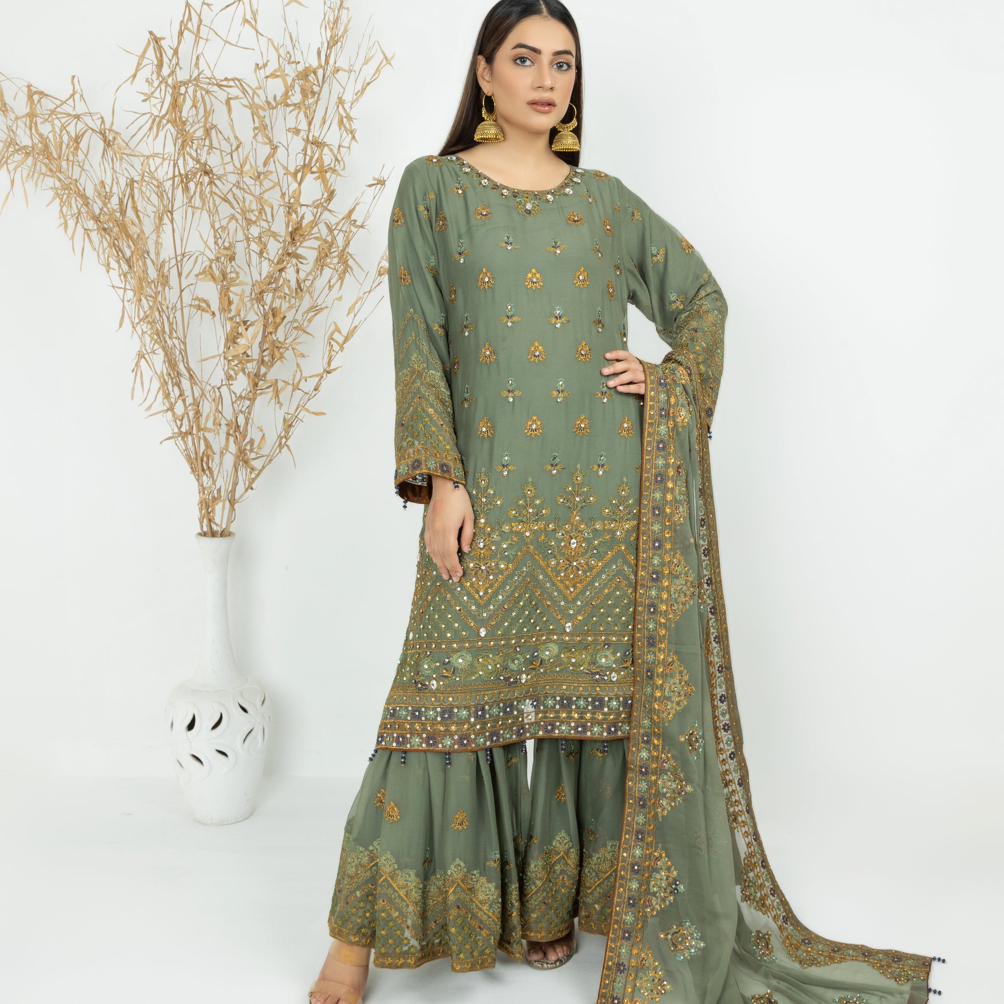 Green Pure Crinkle Chiffon Gharara Set 2876