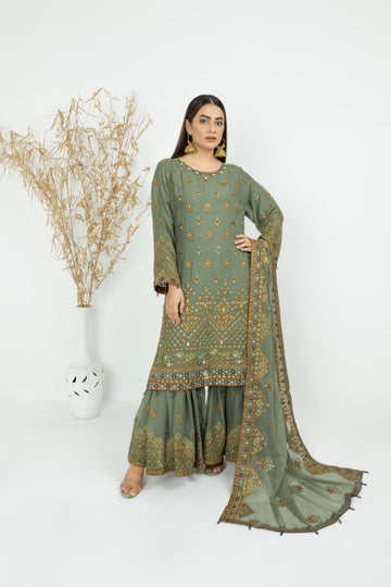 Green Pure Crinkle Chiffon Gharara Set 2876