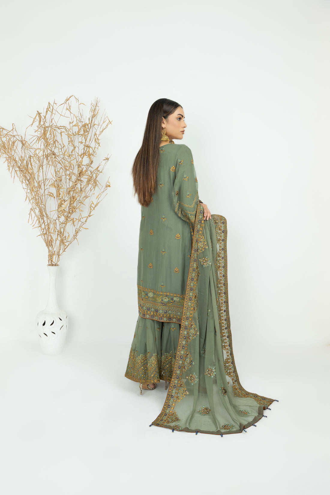 Green Pure Crinkle Chiffon Gharara Set 2876