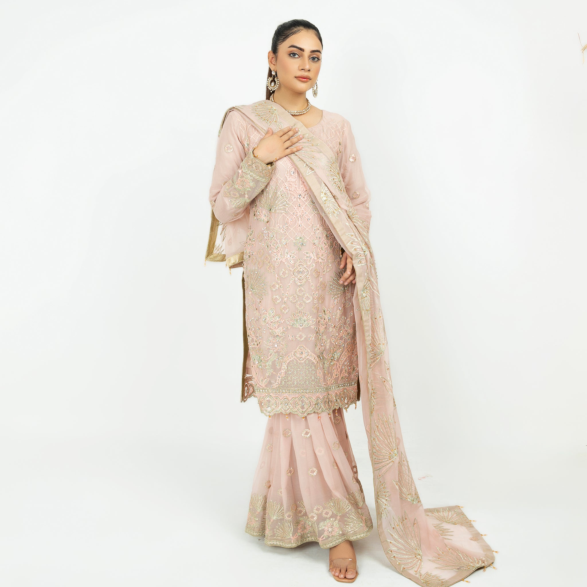 Pink Pure Crinkle Chiffon Gharara Set 2853