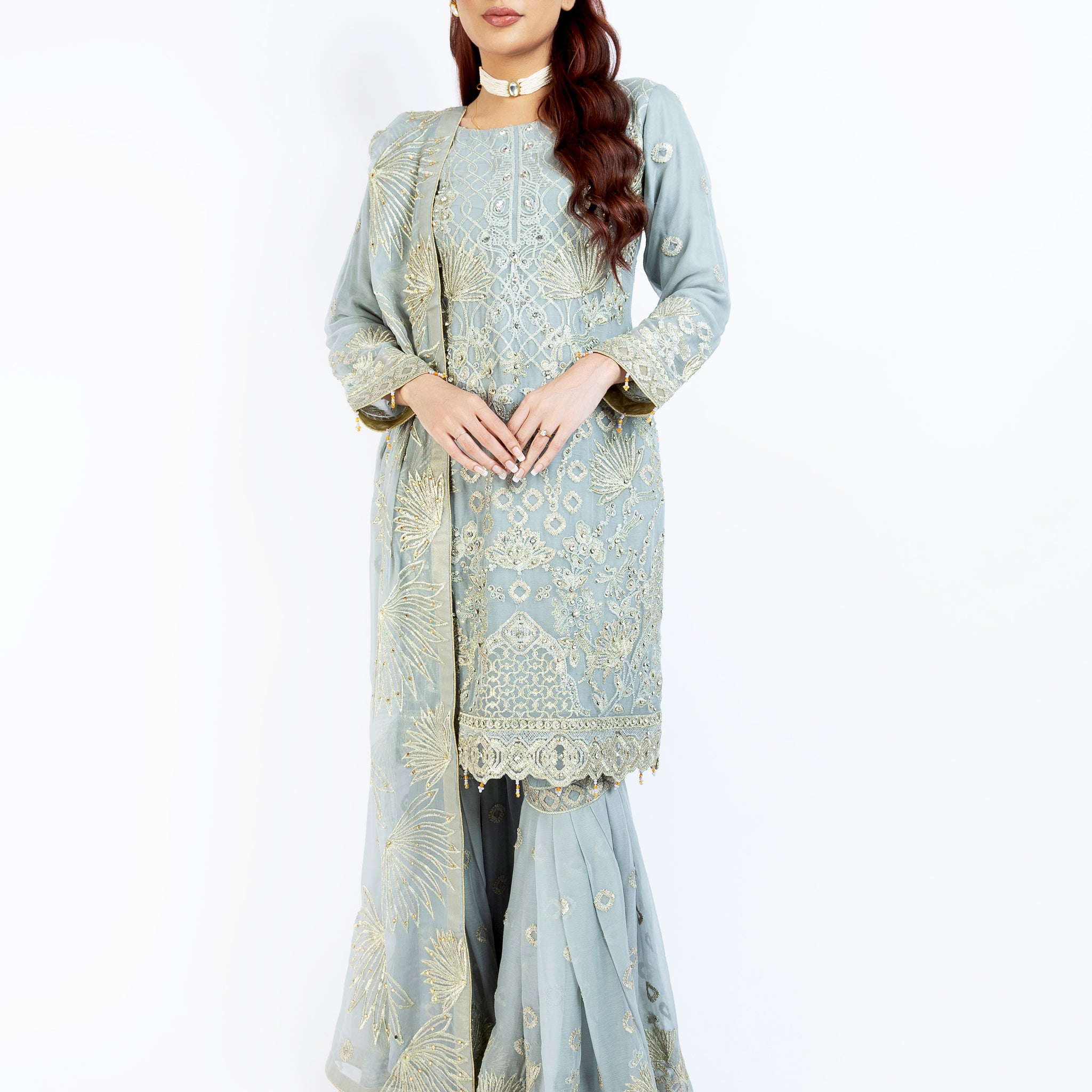 Grey Pure Crinkle Chiffon Gharara Set 2853