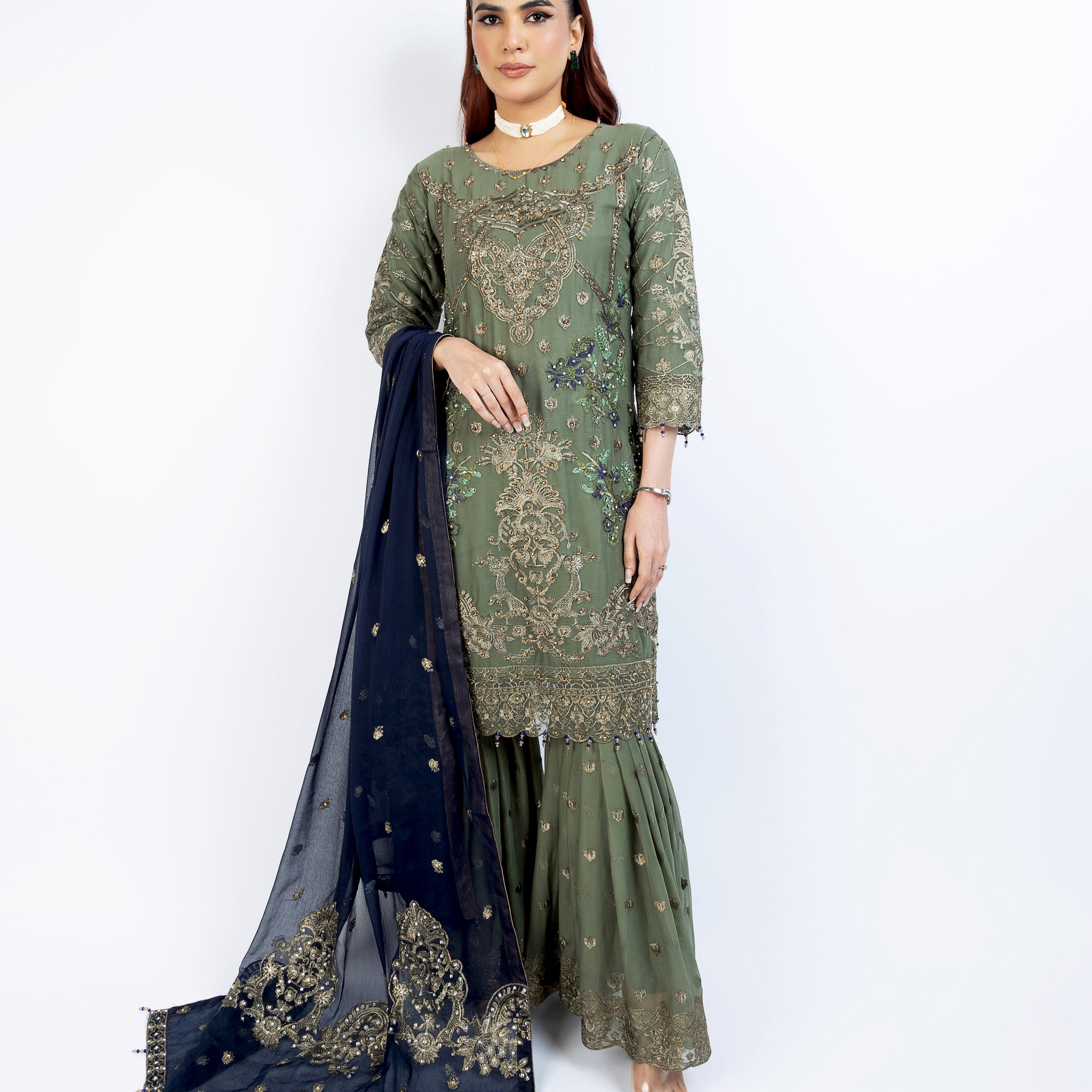 Olive Pure Crinkle Chiffon Gharara Set 0909