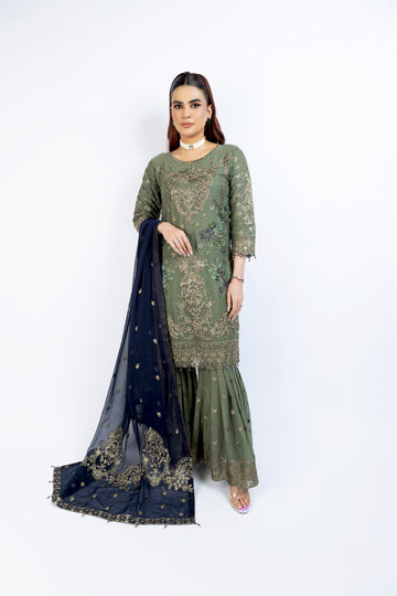 Olive Pure Crinkle Chiffon Gharara Set 0909