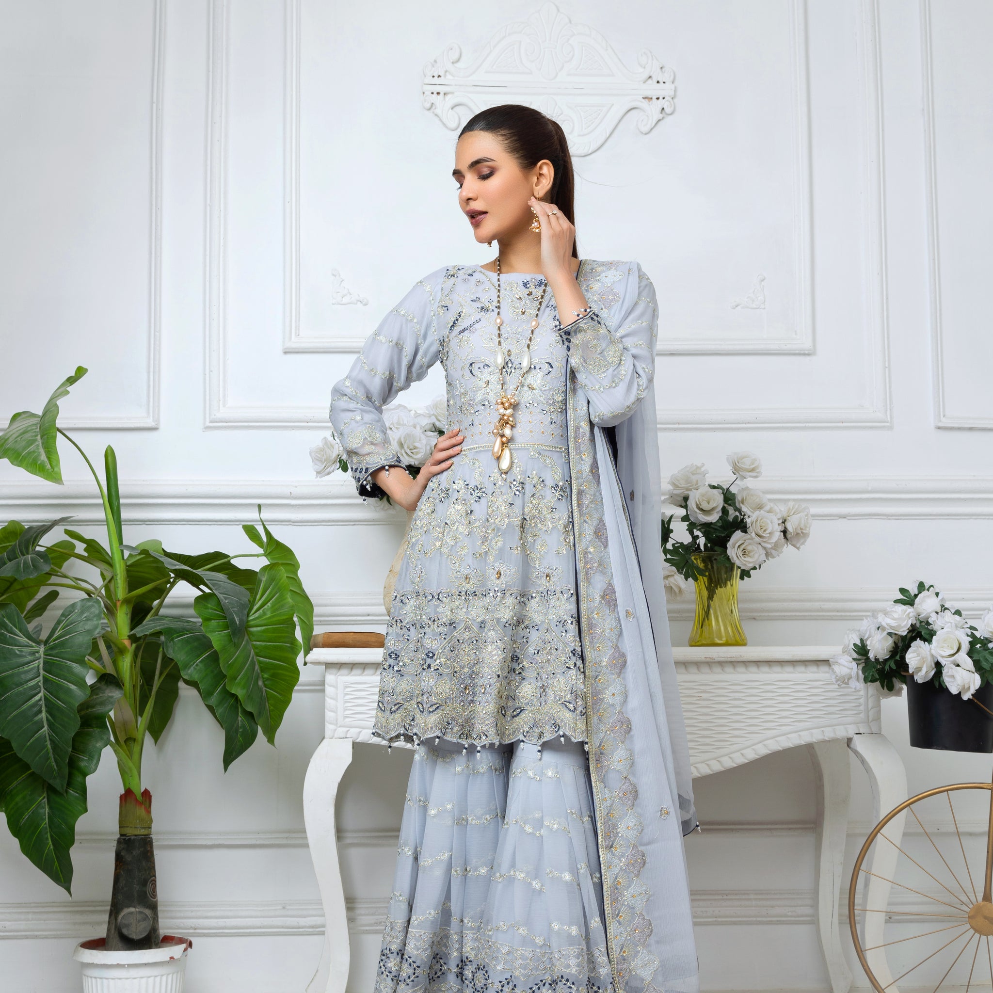 Grey Pure Crinkle Chiffon Gharara Set 2817