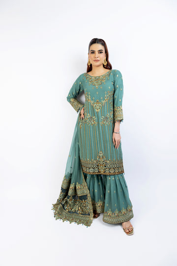 Blue Pure Crinkle Chiffon Gharara Set 9449