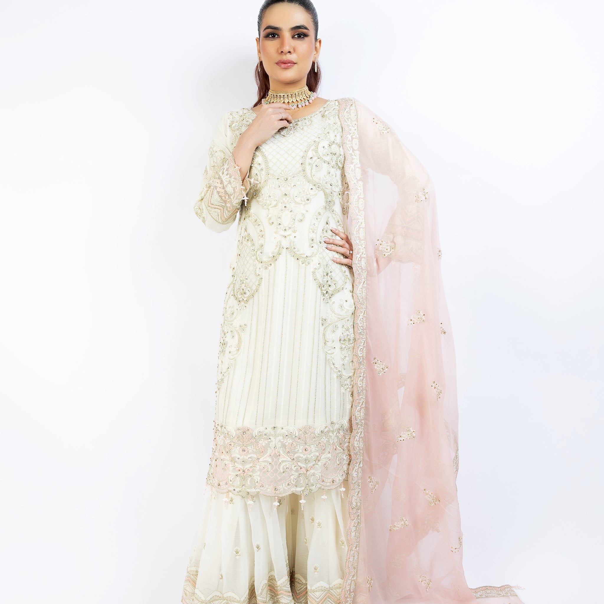 White Pure Crinkle Chiffon Gharara Set 1898