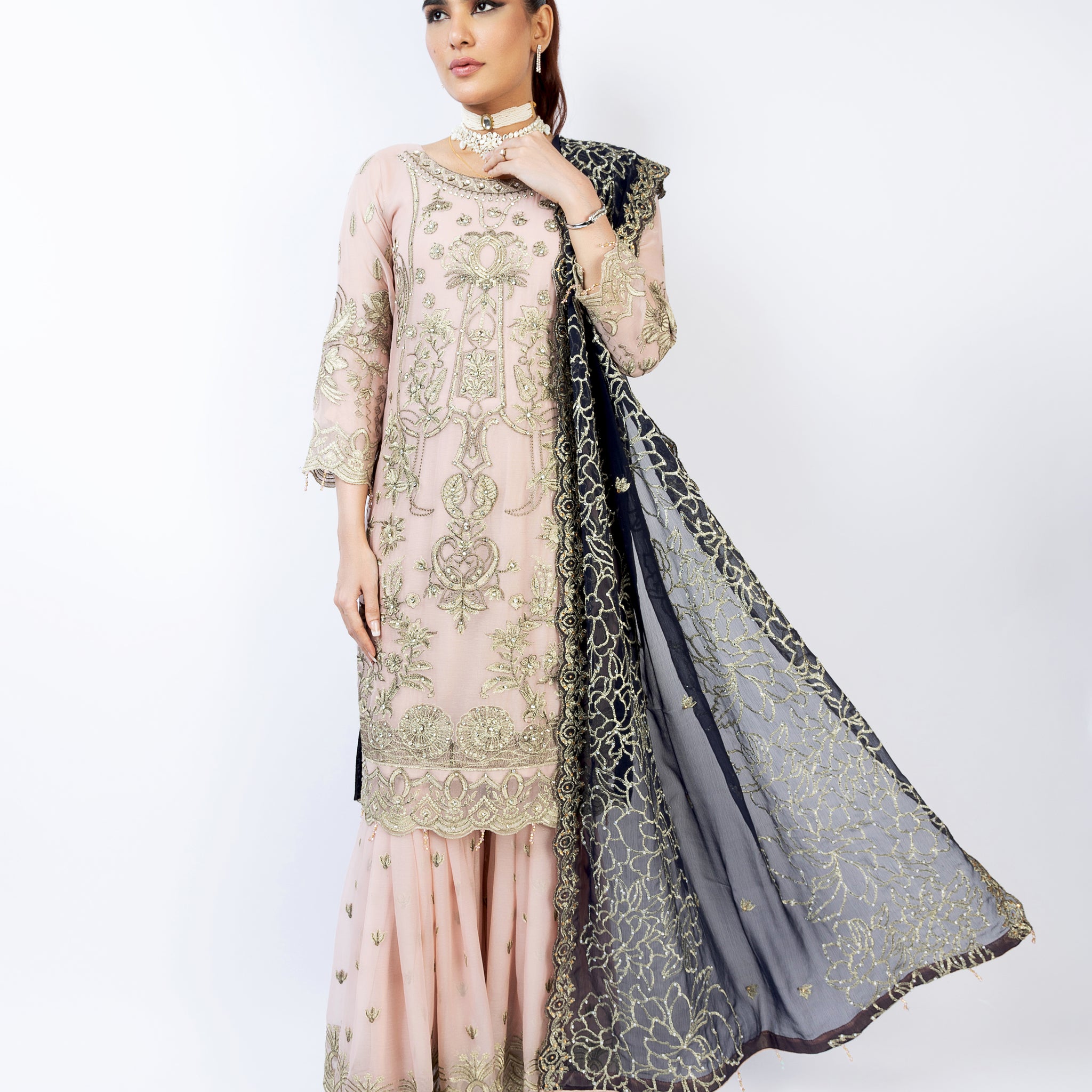 Pink Pure Crinkle Chiffon Gharara Set 9834