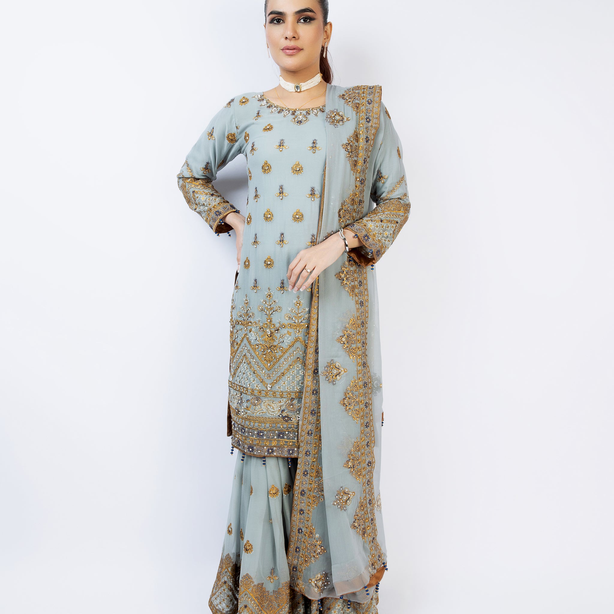 Grey Pure Crinkle Chiffon Gharara Set 9873