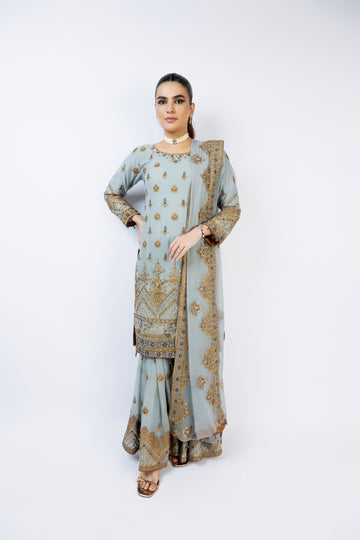 Grey Pure Crinkle Chiffon Gharara Set 9873