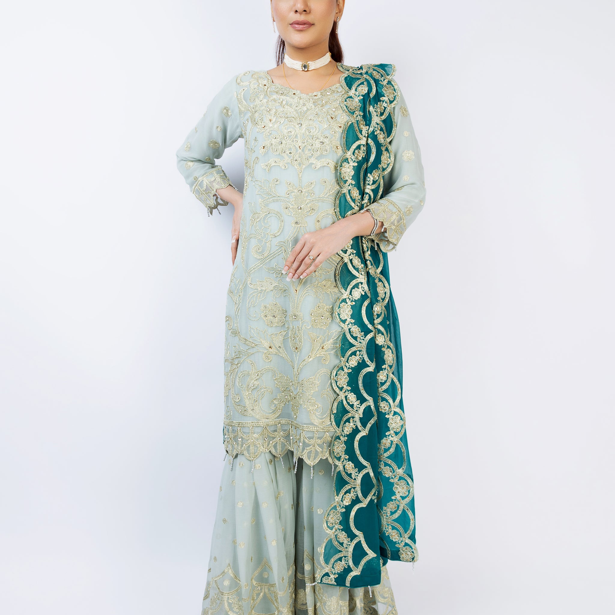 Grey Pure Crinkle Chiffon Gharara Set 9908