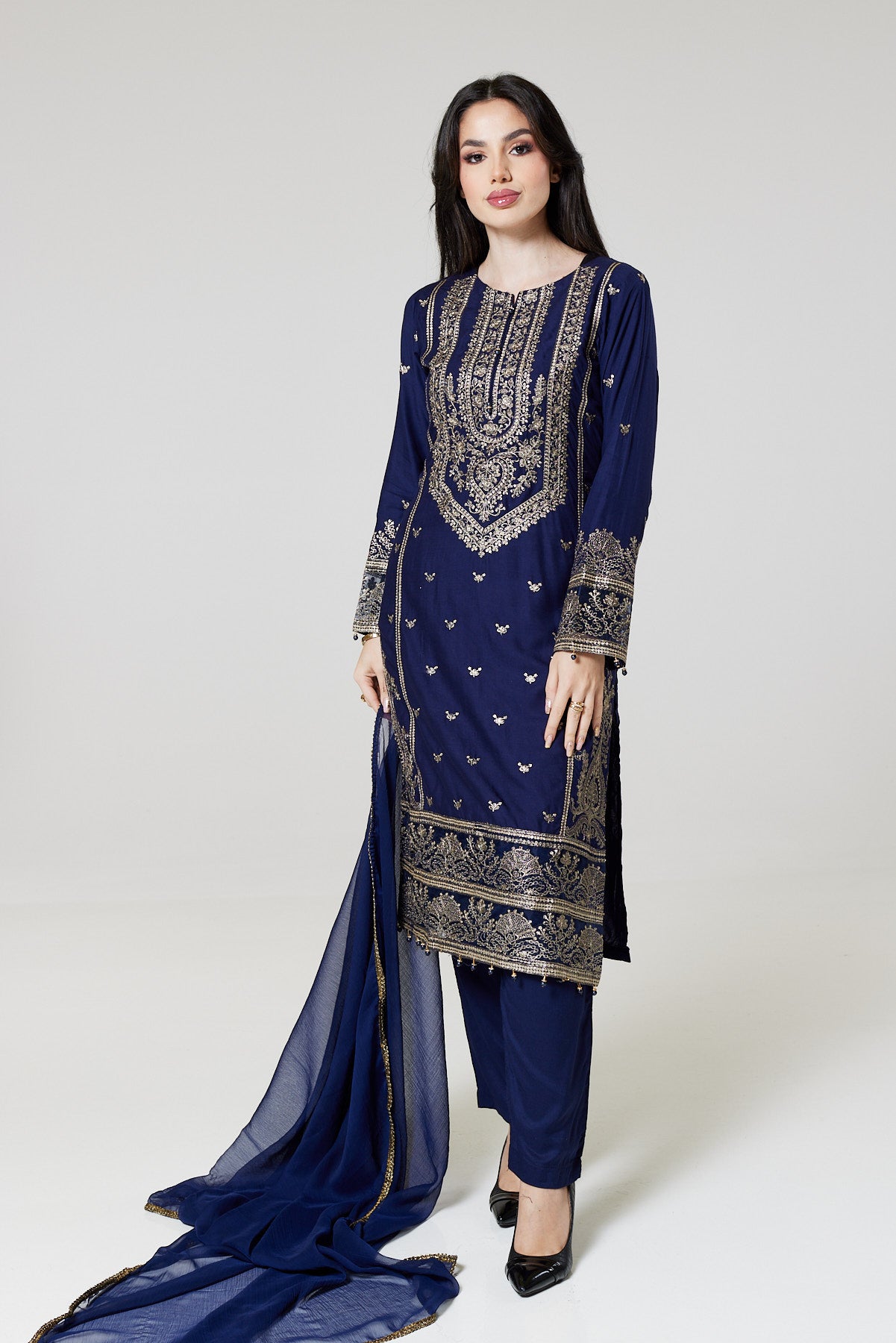 Navy Blue Embroidered Linen suit BK01