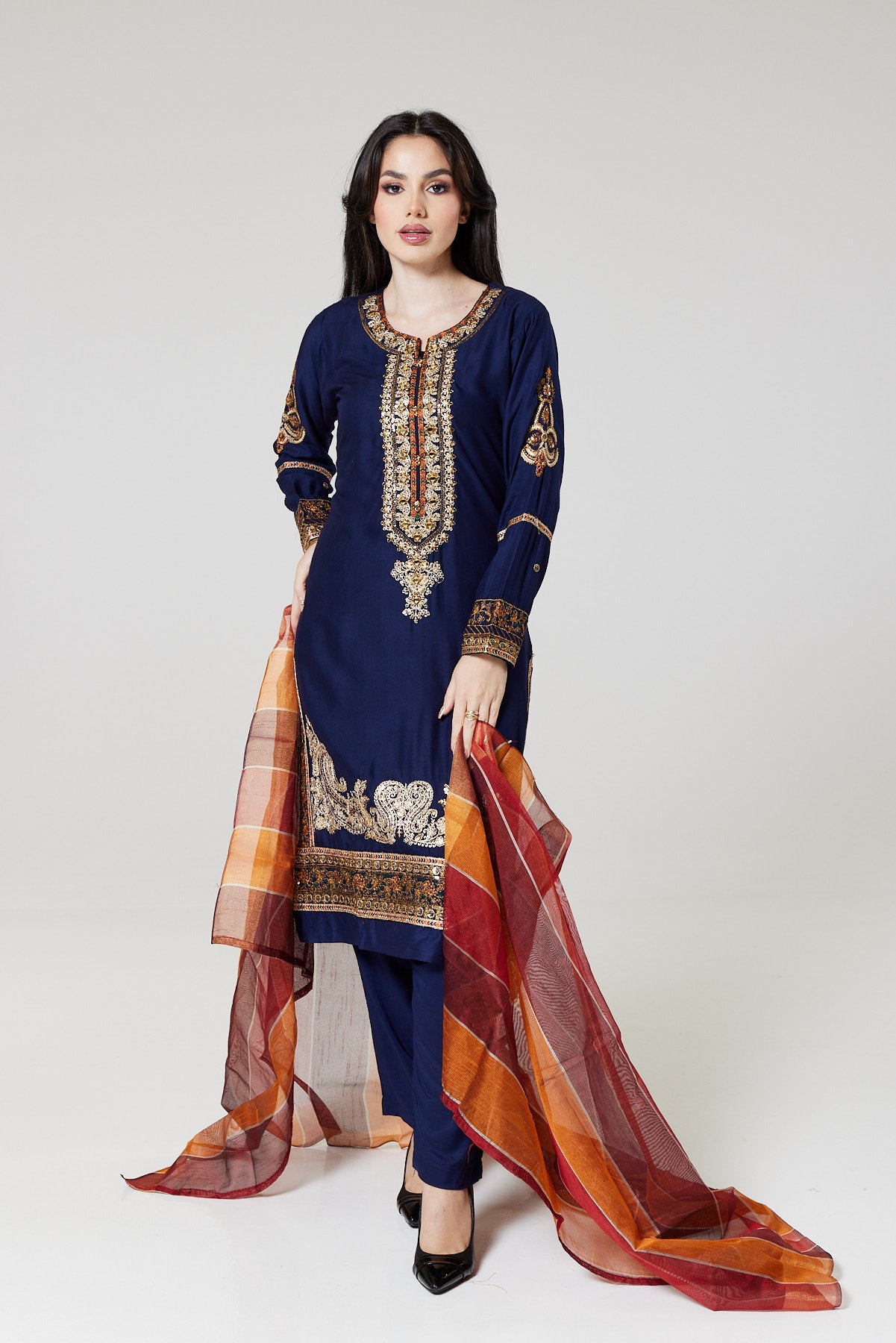 Navy Blue Embroidered Linen suit BK02-Sheesha