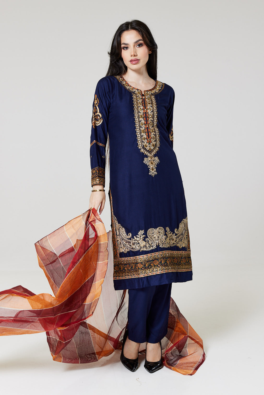 Navy Blue Embroidered Linen suit BK02-Sheesha