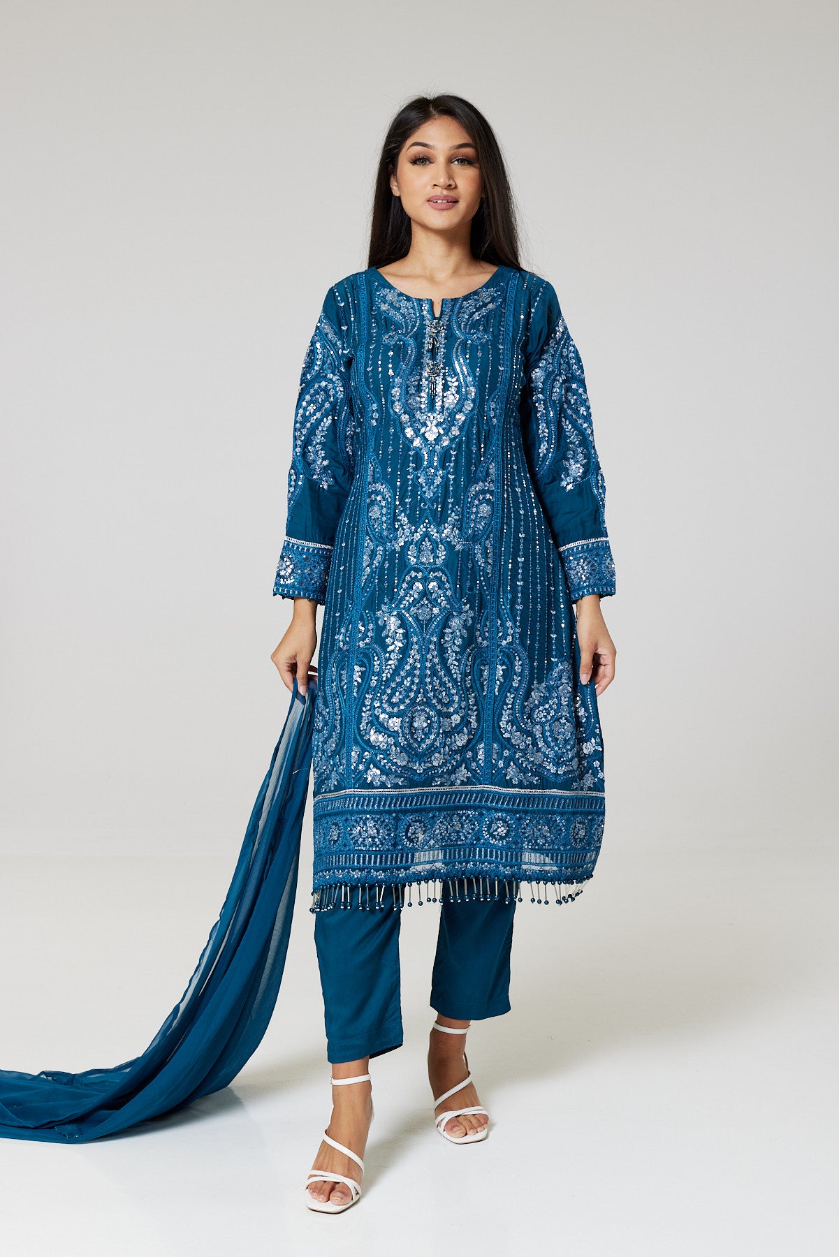 Teal Green Embroidered Linen Suit TL0148-Sequin