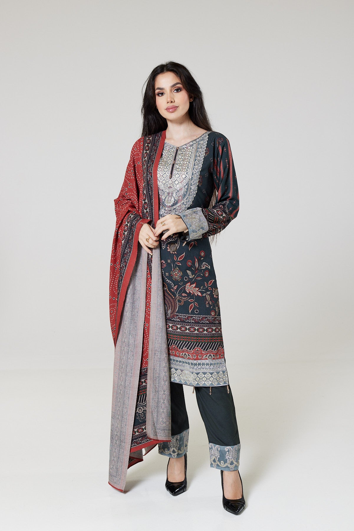 Green / Red Printed Dhanak suit NSPO03