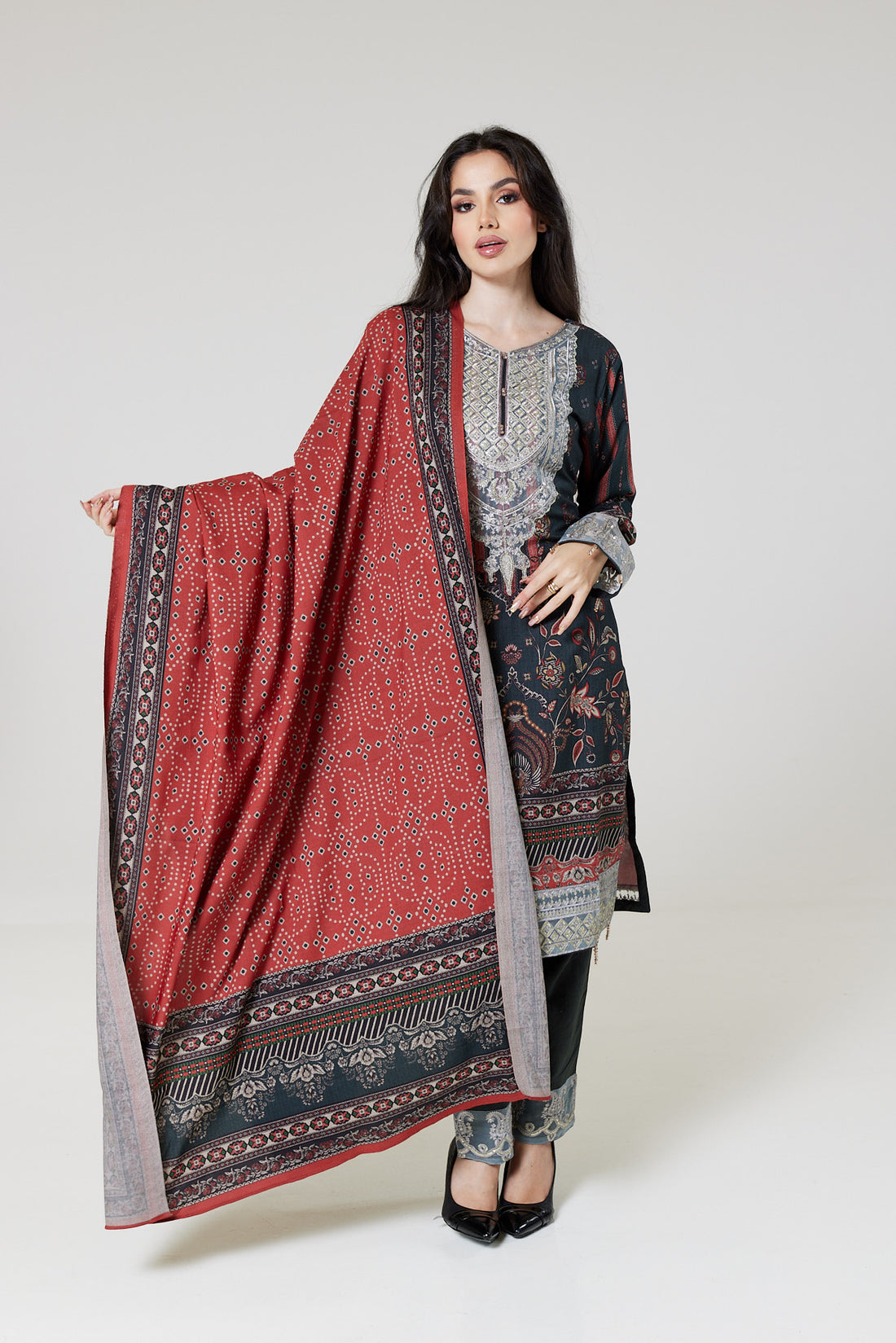 Green / Red Printed Dhanak suit NSPO03