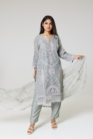 Grey Embroidered Organza Suit G0718