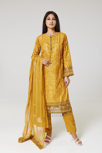 Mustard Embroidered Linen Suit M0792