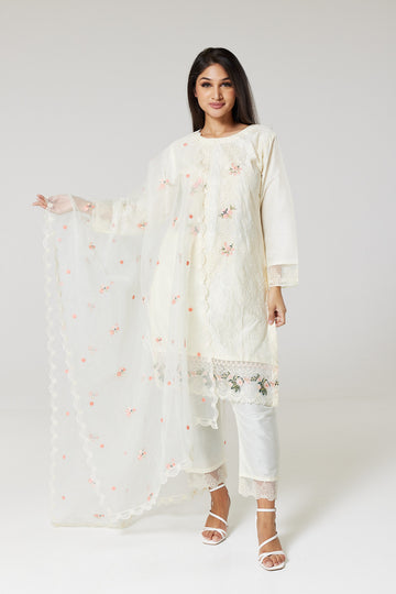 White Embroidered Cotton Suit W824