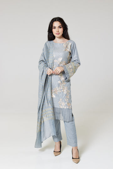 Grey Embroidered Cotton Suit G0839