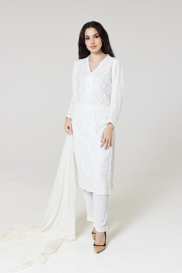 White Embroidered Linen Suit W0876