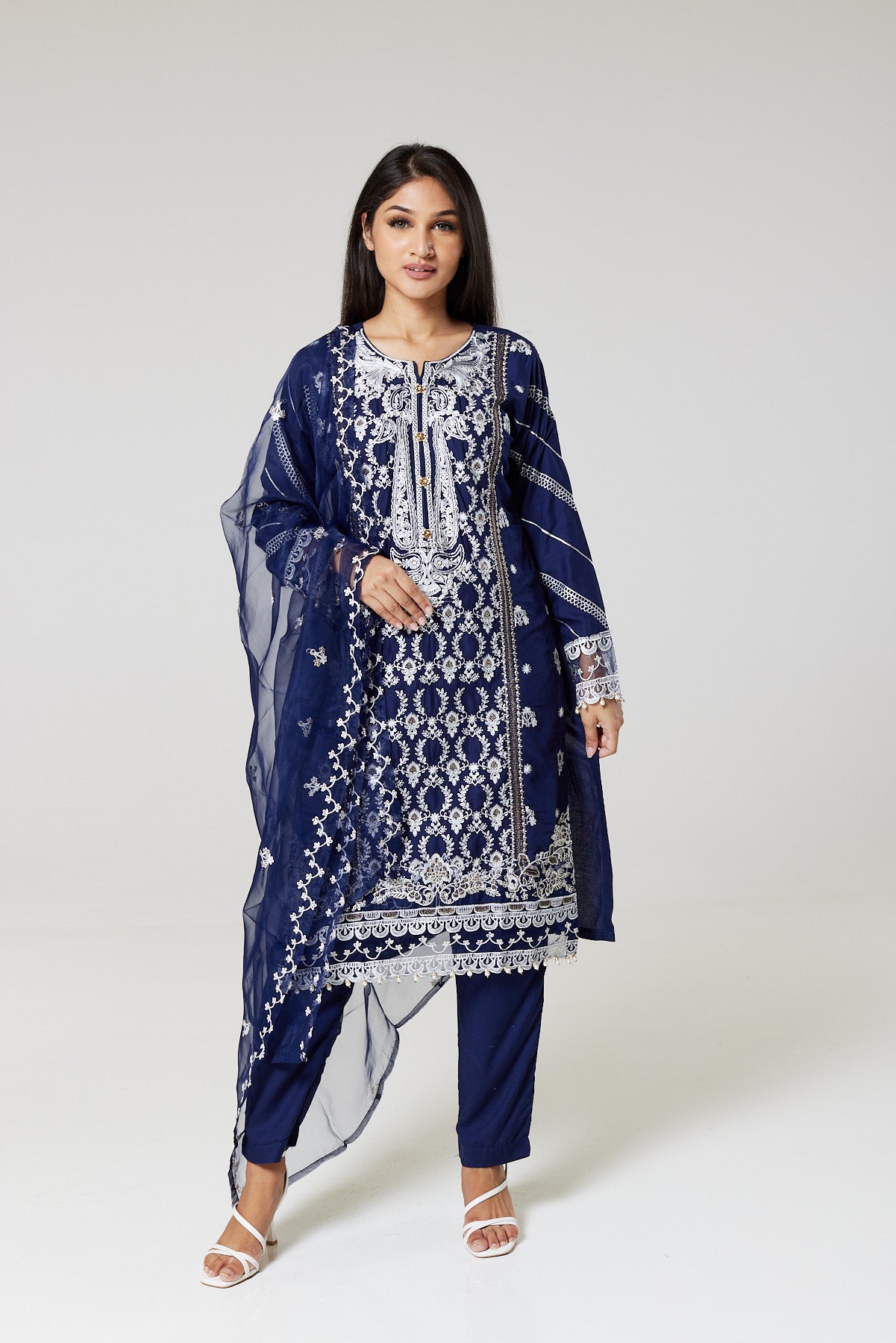 Navy Blue Embroidered Linen Suit NB0897