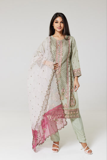 Mint Embroidered Organza Suit M1001
