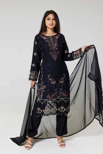 Black Embroidered Linen Suit B1084