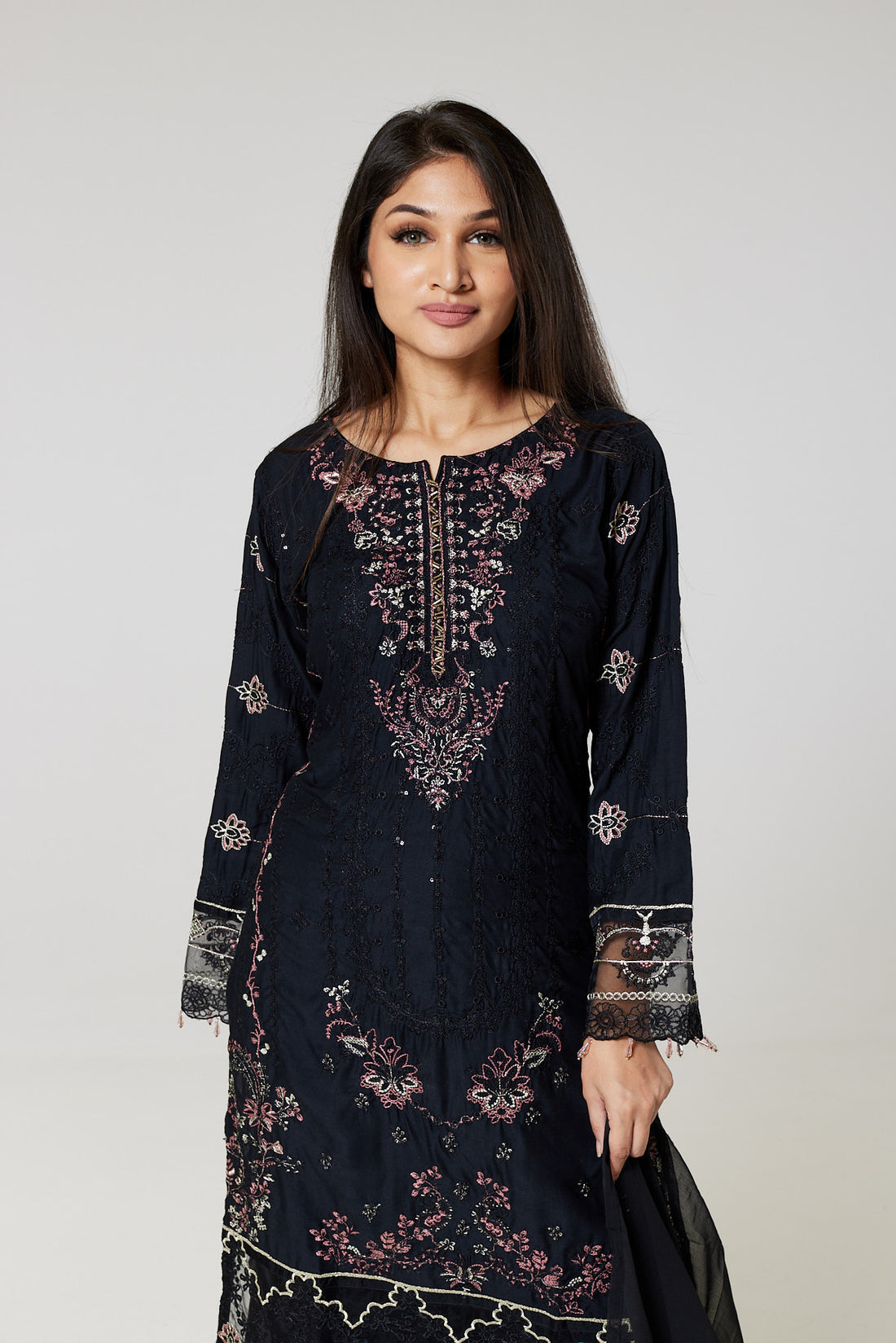 Black Embroidered Linen Suit B1084