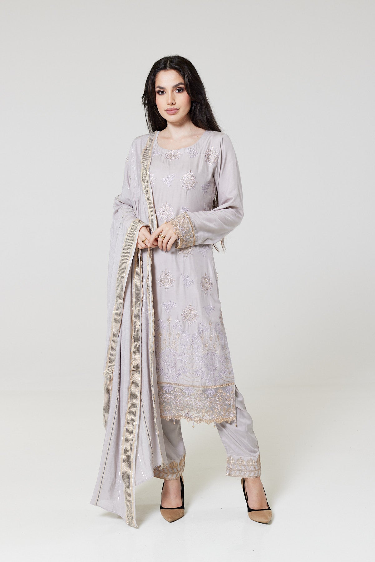 Grey Embroidered Linen Suit M1170