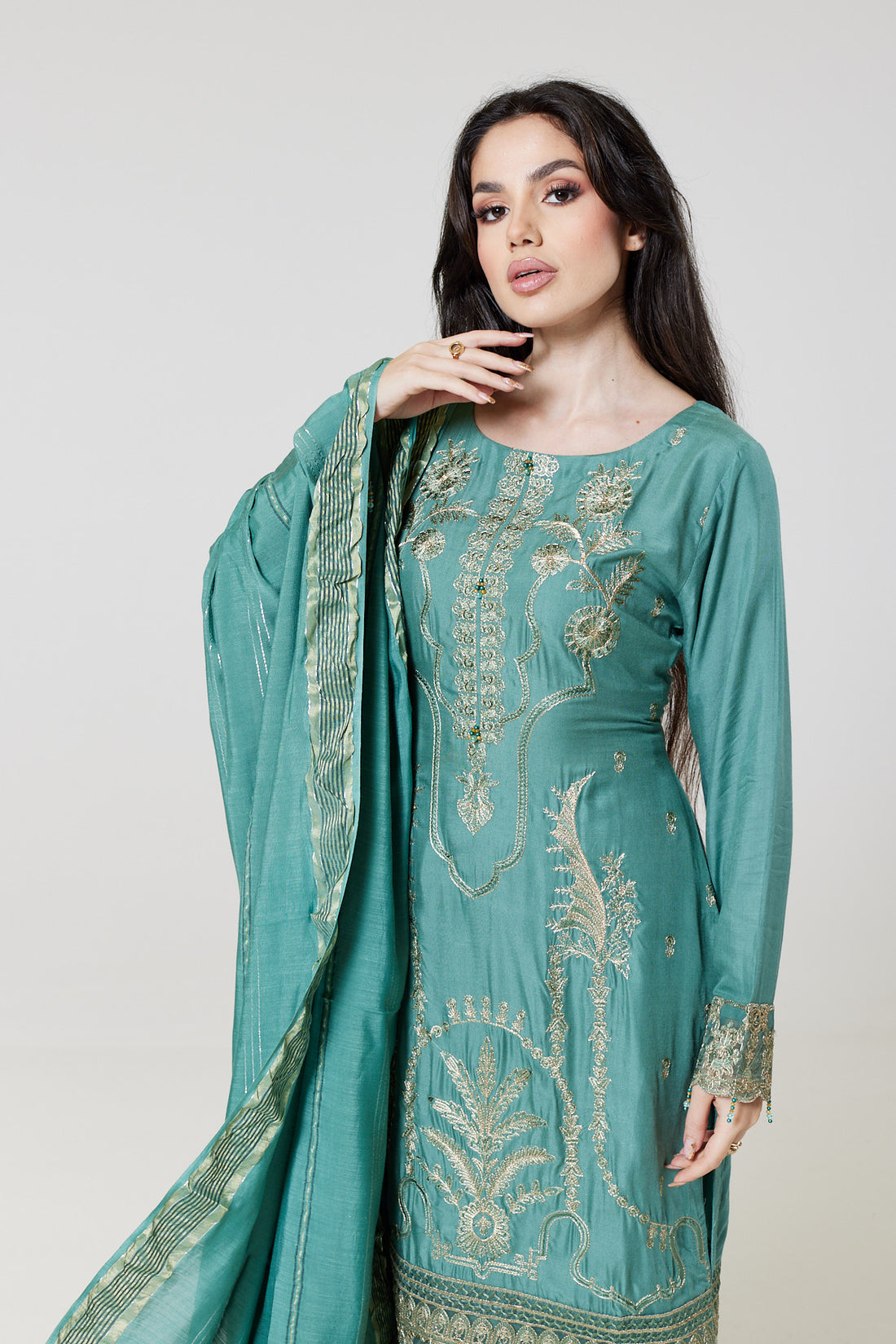 Green Embroidered Linen Suit G1189