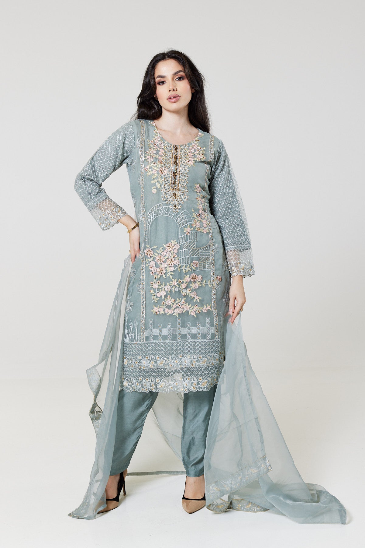 Grey Embroidered Organza Suit G1317